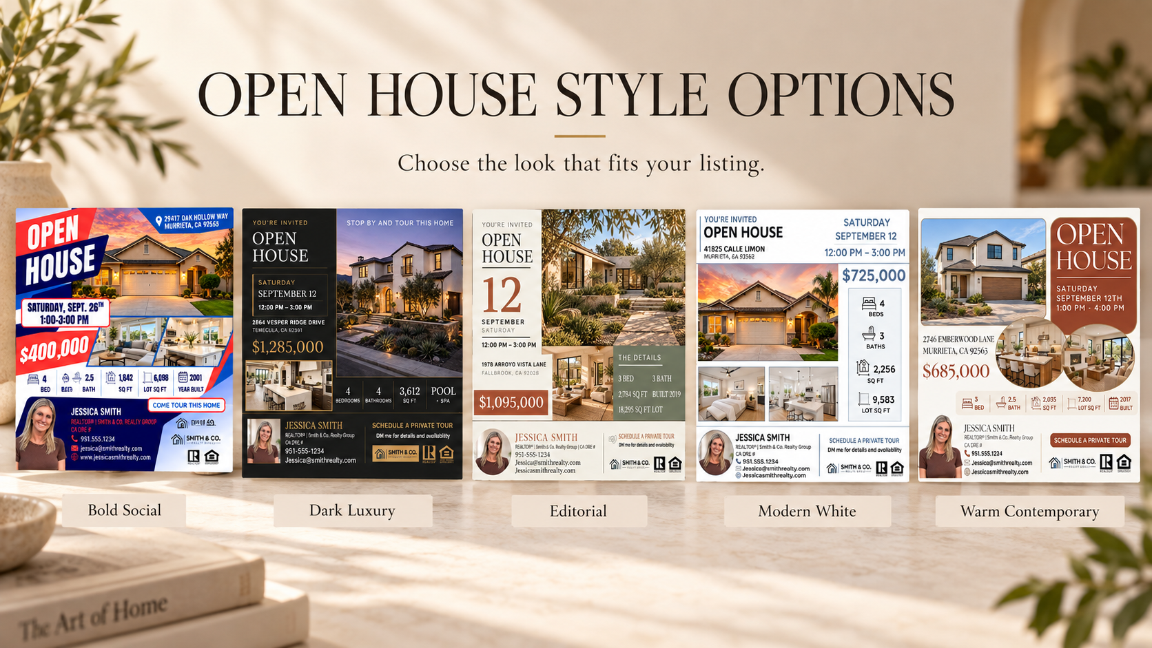 Open House Social Set — style options including Bold Social, Dark Luxury, Editorial, Modern White, and Warm Contemporary